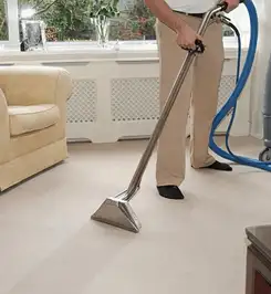Professional carpet cleaner using a hot-water extraction wand and hose machine in a living room in Clearwater, FL.