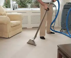 Carpet cleaning professional removing dirt and stains with a hot-water extraction tool in a home, Clearwater, FL.