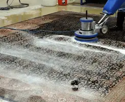 Professional rug cleaning with a rotary floor machine and shampoo foam, deep-cleaning an area rug, in Clearwater, FL.